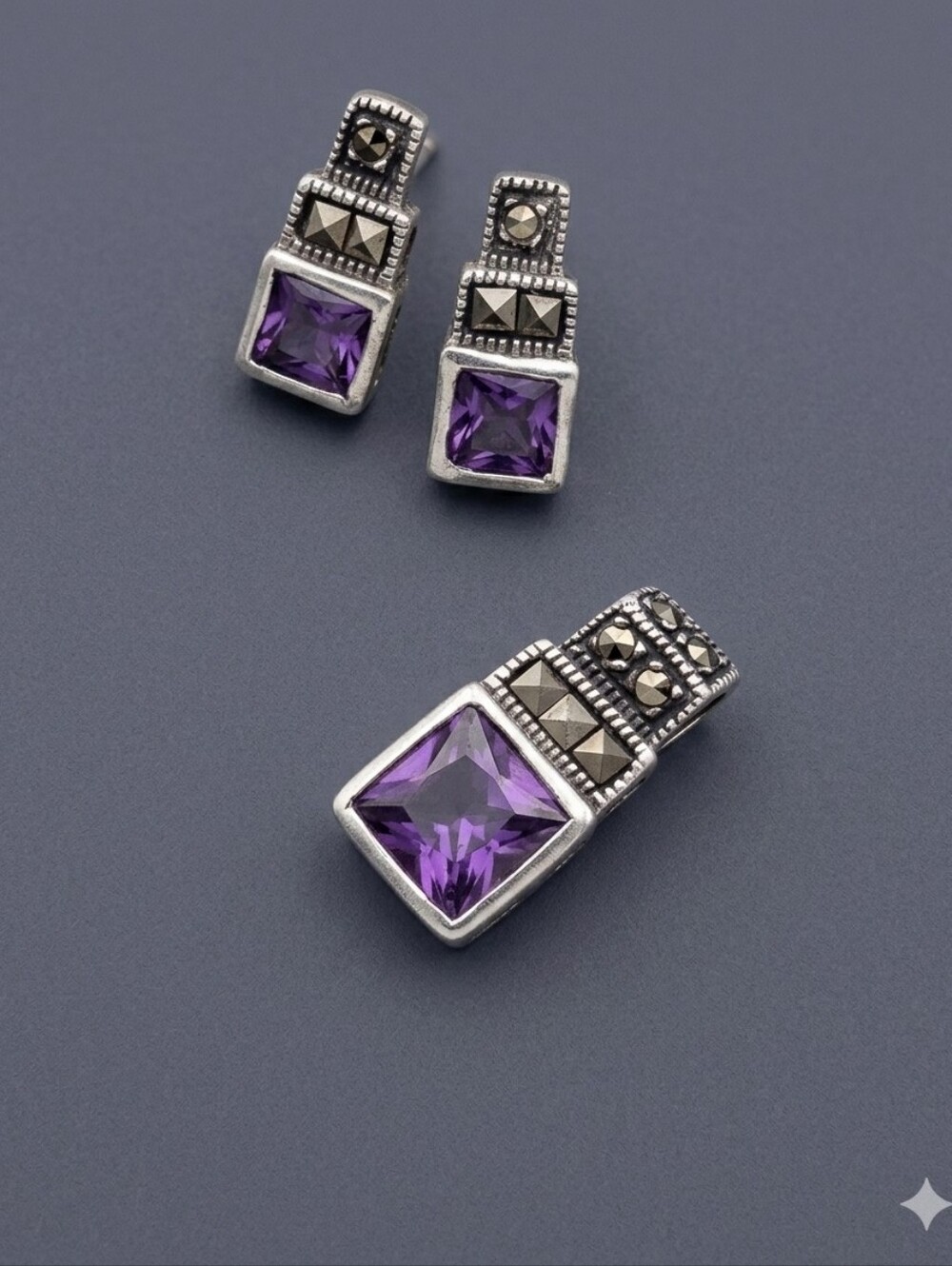 Art Deco Elegant Sterling Silver Earrings And Pendant W/ Marcasite And Amethyst
